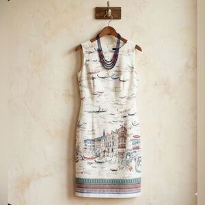 NEW Leslie Fay Venice Gondula Boat White Sleeveless Knee Length Shift Dress 14